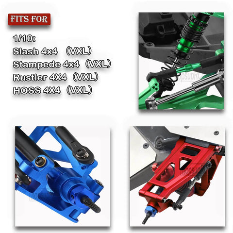 Total Game Changer Chassis Upgrade For 1/10 Slash Rustler Stampede 4x4 RC Rigs showing detailed aluminum suspension parts.