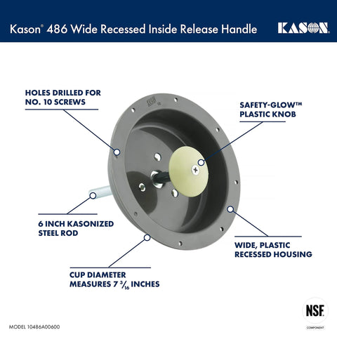 Wide Recessed Inside Release Handle With 6-Inch Length For 56 And 5656 Latches showing kasonized steel rod and safety-glow knob.