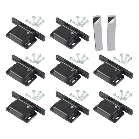 8 Unit RV Cabinet Door Latches For Motorhomes And Cargo Trailers Road Trip Ready Push Catch Drawer Fasteners displayed with screws