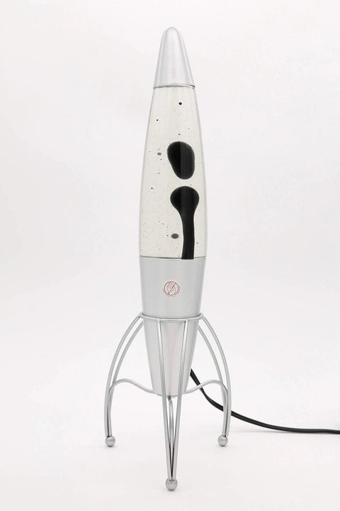 Retro Rocket Ship Ferrofluid Lava Lamp With Magnetic Black Wax In Clear Liquid, 15 Inch Tall, Silver Aluminum Base And Cap