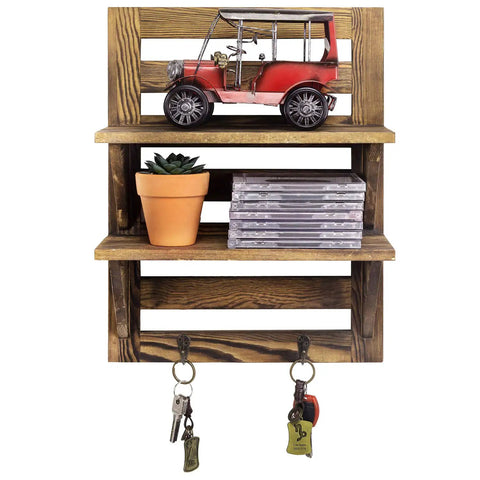 Hella Sturdy Two Tier Wall Mounted Wooden Shelf Rack With Reliable Key And Towel Hooks For Entryway Storage Dark Brown Farmhouse Design Totally Elevates Your Space Quick