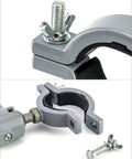 Close-up of the sturdy aluminum alloy bench vise clamp with bolt and tightening mechanism for electric drill stand and grinder holder.