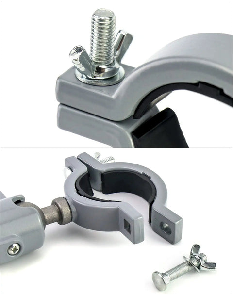 Close-up of the sturdy aluminum alloy bench vise clamp with bolt and tightening mechanism for electric drill stand and grinder holder.