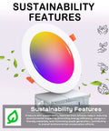 Six Pack 6 Inch Smart WiFi LED Recessed Lights With RGB And CCT Color Changing, showcasing sustainability features.