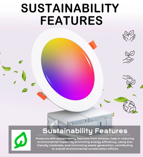 Six Pack 6 Inch Smart WiFi LED Recessed Lights With RGB And CCT Color Changing, showcasing sustainability features.