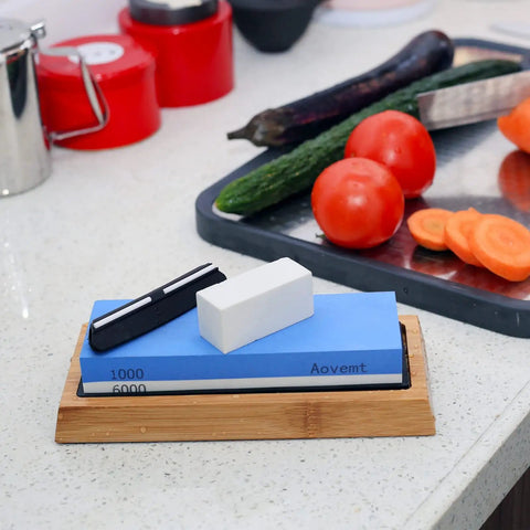 Double Sided Knife Sharpening Stone Kit With Grit 1000 And 6000 Wet Stone Non Slip Base Angle Guide And Flattening Stone in kitchen