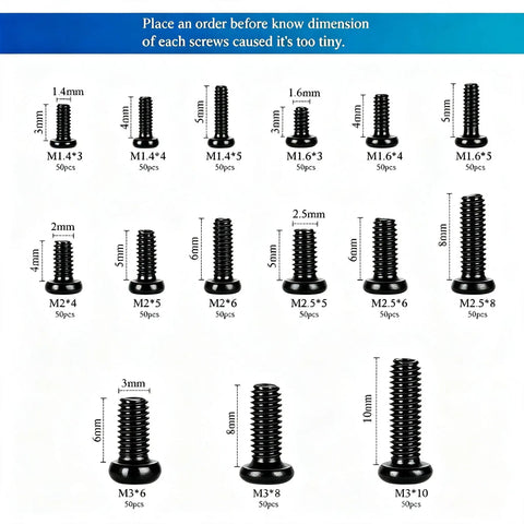 750 Pieces Black Mini Screw Assortment Kit M1.4 To M3 Phillips Pan Head Carbon Steel Fasteners for electronics, various sizes.