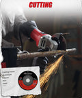 Side view of red AVID POWER angle grinder with 4-1/2 inch wheel cutting metal pipe, sparks.