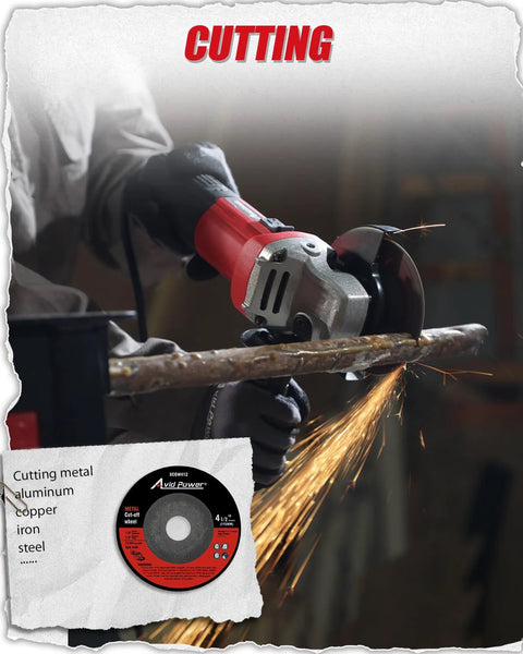 Side view of red AVID POWER angle grinder with 4-1/2 inch wheel cutting metal pipe, sparks.
