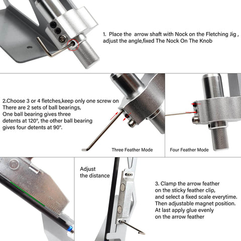 Durable Stainless Steel Magnetic Fletching Jig Kit For Arrows With Quick Clamp Easy Setup shown with detailed instructions