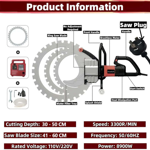 Professional Electric Concrete Ring Saw With Integrated Water Cooling And Dust Capture Toroidal Masonry Cutter features labeled design and specs.