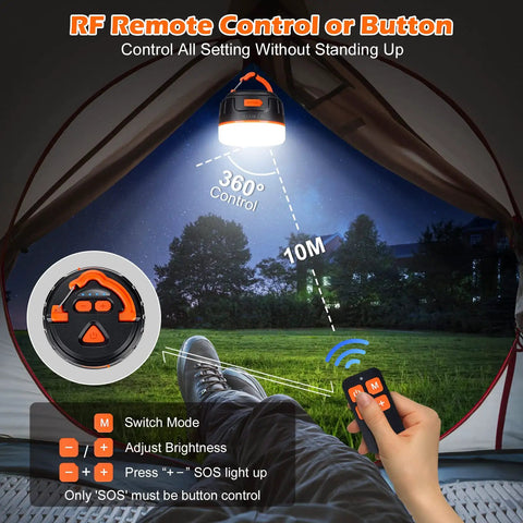 Rechargeable LED Camping Lantern With Remote Control, 1000 Lumen Tent Light, user controlling lantern from tent