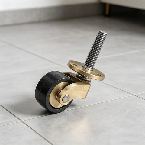Solid Brass Caster Wheels 4pcs Silent Bearing Furniture, close-up of one wheel with black rubber tire and brass swivel mount.
