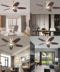 ALSKXaxna Ceiling Fan with Lights and Timer 5 Blades Modern Chandelier 45W installed in various room settings.