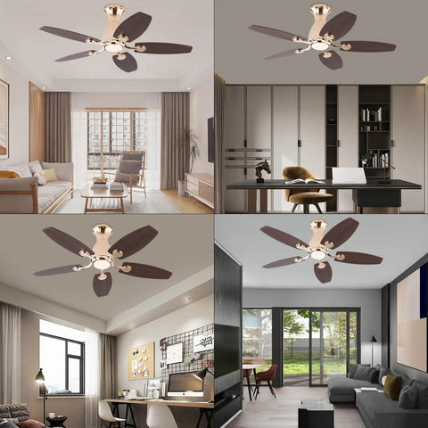 ALSKXaxna Ceiling Fan with Lights and Timer 5 Blades Modern Chandelier 45W installed in various room settings.
