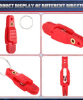 Red plastic heavy-tension snap-release clips with key rings; 20-piece fishing gear set shown in four views.