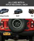 Diagram showing pickup trucks, SUV, and RV with Black Rhinestone Trailer Hitch Cover for 2 Inch Receivers in use