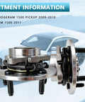 Front wheel hub bearing assembly for 2009 2010 2011 Ram 1500 pickup, 5 lug with ABS, direct fit replacement hub kit, 2 pack