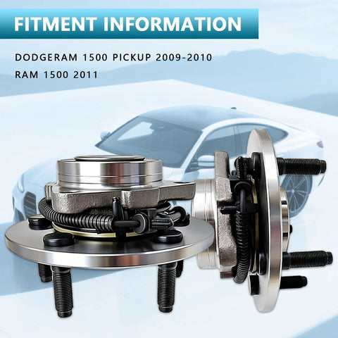 Front wheel hub bearing assembly for 2009 2010 2011 Ram 1500 pickup, 5 lug with ABS, direct fit replacement hub kit, 2 pack
