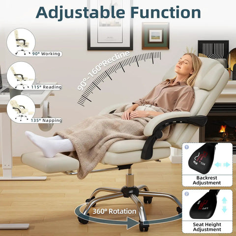 Six Point Massage Office Chair With Heat Ergonomic Reclining Desk Chair With Footrest PU Leather Executive Chair For Home Office Off White Comfy Computer Chair Gift For Women in reclined angle showing adjustable functions with a person relaxing under cozy cover