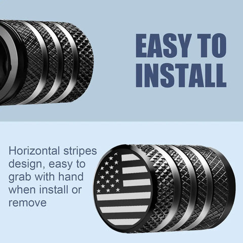 Built Tough Leakproof Metal Tire Valve Stem Cap Set With American Flag Design, showing easy grip feature and installation