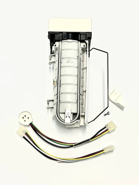 Whirlpool Ice Maker Replacement W10190952 for Whirlpool Refrigerators with wiring harness and components on white background