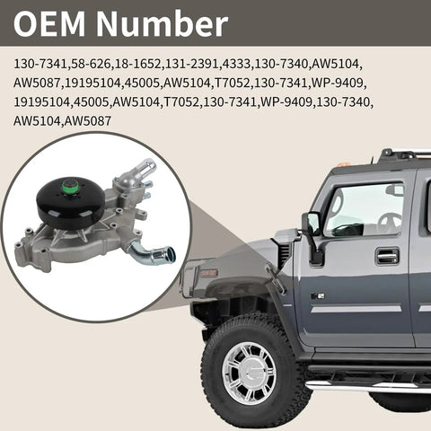 Top Tier Heavy Duty Water Pump With Coolant Thermostat And Gasket Set For Cadillac Escalade Chevy Silverado Tahoe Avalanche Suburban Trailblazer 2000 To 2006 Plug And Play Bolt In Swap Pro Cooling Boost displayed next to a Hummer.
