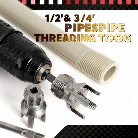 Everything You Need for PVC Pipe Threading Kit 7 Pack Rethreading Set With One Half Inch Dies and Three Quarter Inch Dies Drill Threader Pipe Cutting and Tapping Tools Gloves and Tape for Quick Plumbing Repairs close-up showing 1/2 in and 3/4 in dies with drill adapter