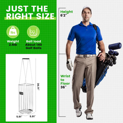 Man with golf equipment next to diagram of 2-In-1 Golf Ball Picker And Basket, Heavy Duty 304 Stainless Steel Grabber