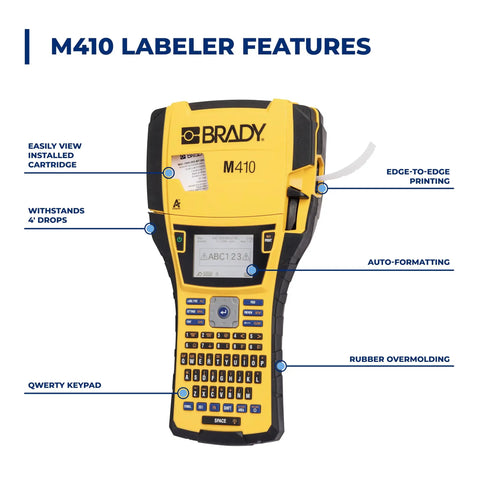 M410 Handheld Portable Label Printer Kit With Carrying Case, Rechargeable Battery And Charger, Spare Label Cartridges, Edge To Edge Printing Up To 1 Inch Wide, Durable On The Go Labeling Solution with features detailed