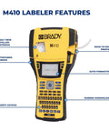 Top Shelf Handheld Portable Label Printer Kit Built For Daily Hustle showing M410 labeler features with yellow body and QWERTY keypad.
