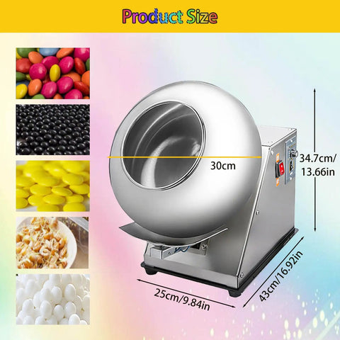 Heavy Duty Candy Coater Machine With Steady Heat Drying And Slick Sugar Ball Polish For Pharmaceutical Food Production And Chemical Work That Slaps On Flawless Coatings Zero Sweat On Your Busy Shop Floor, stainless steel with dimensions 34.7cm height and 30cm diameter.