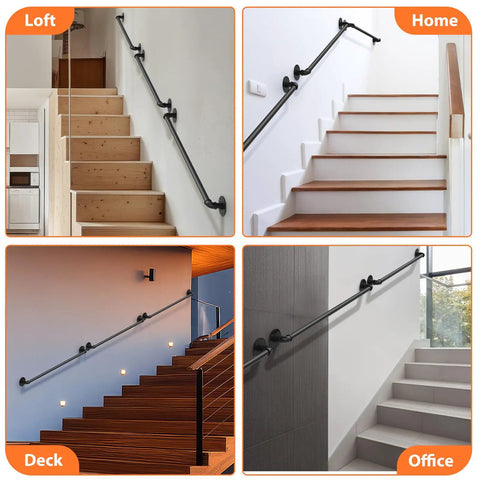 Heavy Duty Metal Pipe Stair Railing And Indoor Handrails Built For Outdoor Steps Featuring Slick Adjustable Corners And A No Sweat Install Across 3 Foot Sections in various settings.