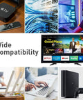Ultra Fast High Bandwidth Ethernet Cable For Indoor Outdoor Use 6ft Patch Cord With Double Shielding 26 AWG 40Gbps Up To 2000MHz Gold Plated RJ45 Plug Heavy Duty LAN Cable Ideal For Gaming Streaming And Rapid Data Transfer. Image shows products compatible with cable, including game consoles and streaming devices.