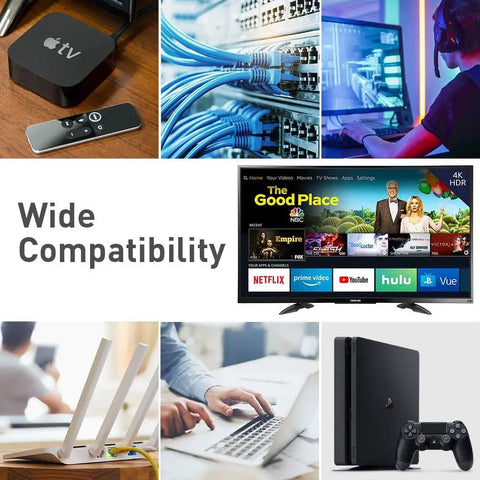 Ultra Fast High Bandwidth Ethernet Cable For Indoor Outdoor Use 6ft Patch Cord With Double Shielding 26 AWG 40Gbps Up To 2000MHz Gold Plated RJ45 Plug Heavy Duty LAN Cable Ideal For Gaming Streaming And Rapid Data Transfer. Image shows products compatible with cable, including game consoles and streaming devices.