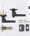 Privacy Door Lever With Keyless Entry Matte Black Reversible Handle For Bedrooms And Bathrooms Easy Installation With Interior Lock Button Or Turn Piece Fits Standard Doors 1 Pack disassembled with components spread out
