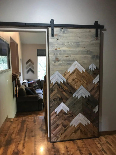 Space Saving Rustic Wood Mountains Sliding Barn Door For Home, Classic Farmhouse Style, Ideal Room Divider And Interior Door Replacement With Retro Industrial Vibe showing mountain design details