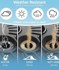 Rock Solid Heavy Duty Round Umbrella Base showing water, sand, and wet sand filling options for patio stand.