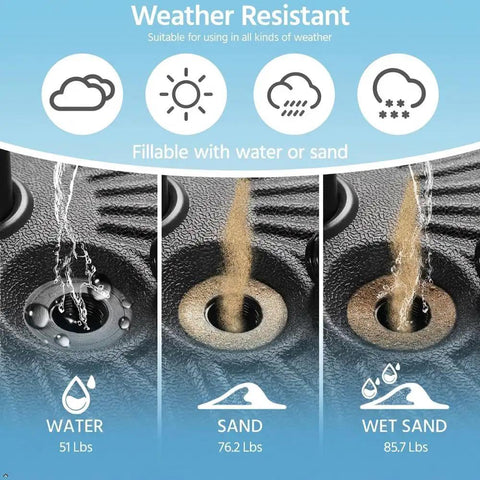 Rock Solid Heavy Duty Round Umbrella Base showing water, sand, and wet sand filling options for patio stand.