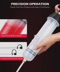 SEDY 500cc fluid extractor syringe with clear body, black cap, built-in quart/mL scales, and transparent extension tubing