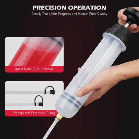 SEDY 500cc fluid extractor syringe with clear body, black cap, built-in quart/mL scales, and transparent extension tubing