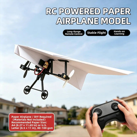 Totally Fun DIY Electric Remote Control Paper Airplane Kit with Gyro Stabilizer and Dual Propellers in flight above houses with controller