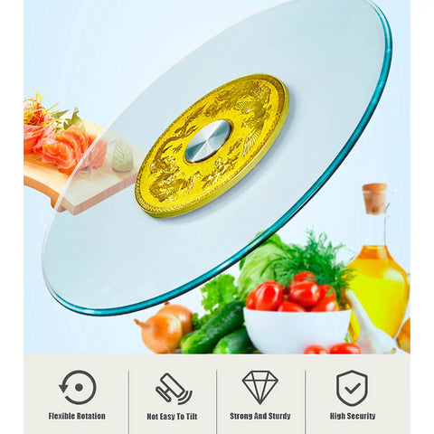 Tempered Glass Lazy Susan Turntable For Kitchen And Dining Table Large Round 100cm with gold decorative centerpiece and vegetables