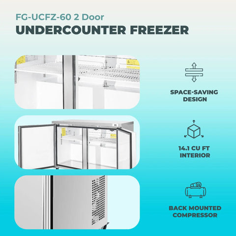 Heavy Duty Commercial Undercounter Freezer 60 Inch 14.1 Cu Ft Stainless Steel Led Lights Dual Doors ETL Certified view showing interior shelves and dual doors.