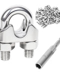 Six Pack M6 Stainless Steel Wire Rope Cable Clamps, hex nut driver, and clips for heavy duty rigging and outdoor projects