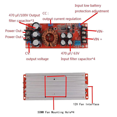 Beefy 1200W 20A DC-DC Boost Converter For Cars showing circuit components, input/output terminals, and protection adjustments.