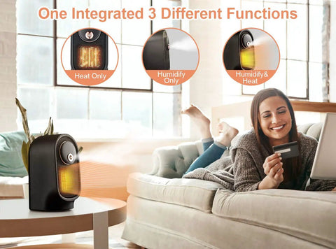 Woman using Portable Electric Heater With Humidifier For Indoor Use Quick Heat Wide Oscillation Multi Protection in living room.