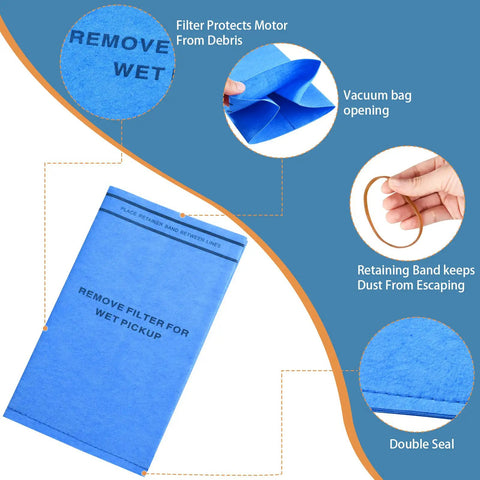 Six Pack Wet Dry Filter Bags For Stinger 2.5-5 Gallon Shop Vac With Three Retaining Bands For A Tight Secure Fit product features