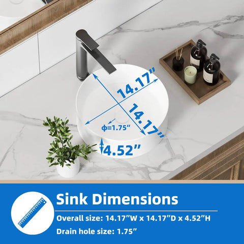 14 Inch Round Vessel Sink For Bathroom White Ceramic Porcelain Vanity Basin Above Counter Modern Round Countertop Sink 14x14 Durable Scratch Resistant Easy Care For Cabinet Vanity with dimensions.