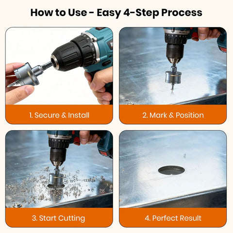 Step-by-step process using Heavy Duty 2 Pack Hole Saw Set 1-1/4 Inch 32mm With HSS Pilot Bit And Tungsten Carbide Grit Edge.